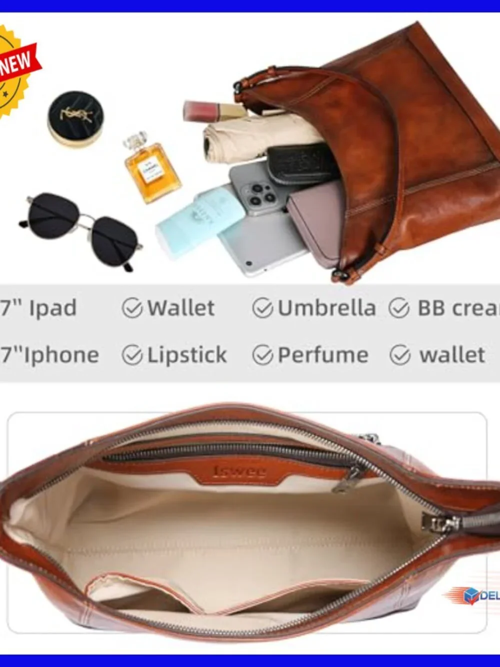 Genuine Leather Crossbody Hobo Bag Medium Size Shoulder Purse Satchel